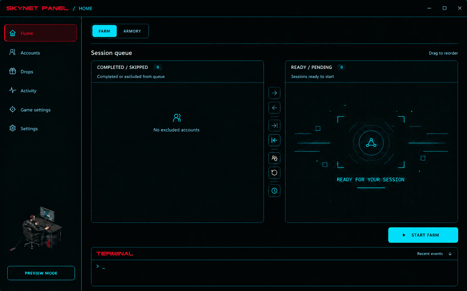 SkyNet Panel desktop app showing the session queue, farm controls and activity terminal